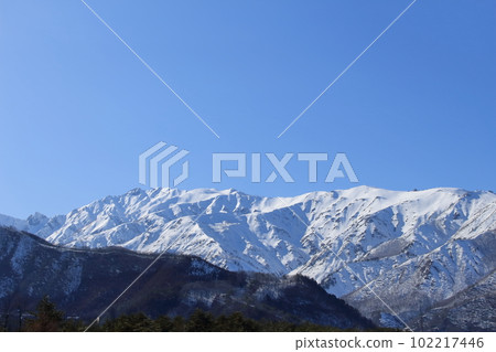 Northern Alps from Hakuba Village in March Beautiful Northern Alps Snowy Northern Alps Northern Alps from Hakuba Village in March Beautiful Northern Alps Snowy Northern Alps 102217446