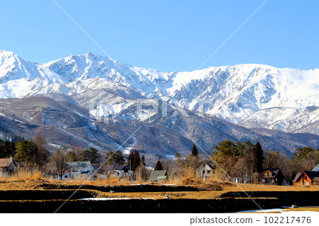 Northern Alps from Hakuba Village in March Beautiful Northern Alps Snowy Northern Alps Northern Alps from Hakuba Village in March Beautiful Northern Alps Snowy Northern Alps 102217476