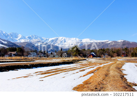Northern Alps from Hakuba Village in March Beautiful Northern Alps Snowy Northern Alps Northern Alps from Hakuba Village in March Beautiful Northern Alps Snowy Northern Alps 102217511