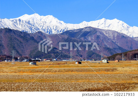 Northern Alps from Shinano Omachi in March Beautiful Northern Alps Snowy Northern Alps Northern Alps from Shinano Omachi in March Beautiful Northern Alps Snowy Northern Alps 102217933