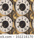 Seamless drawn clock pattern on brown abstract background. Surrealistic clock image. Suitable for textiles, fabric, wrapping paper. Wallpaper for children. Generative AI. 102218170