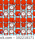 Seamless pattern drawn red alarm clock on blue background. Surrealistic clock image. Suitable for textiles, fabric, wrapping paper. Wallpaper for children. Generative AI. 102218171