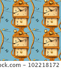 Seamless pattern drawn wooden rectangular clock on blue background. Surrealistic clock image. Suitable for textiles, fabric, wrapping paper. Wallpaper for children. Generative AI. 102218172