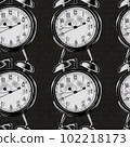 Seamless pattern drawn black alarm clock with white dial on black background. Suitable for textiles, fabric, wrapping paper. Wallpaper for children. Generative AI. 102218173