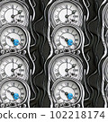 Seamless pattern of drawn vintage clock on dark background. Surrealistic image of a clock. Suitable for textiles, fabric, wrapping paper. Wallpaper for children. Generative AI. 102218174