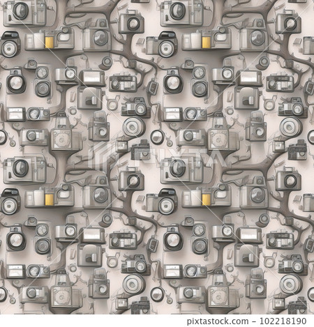 A seamless pattern of multiple photo cameras on the branches of a tree. A surrealistic tree of camera life. Great for textiles, fabric, wrapping paper. Wallpaper for children. Generative ai. 102218190