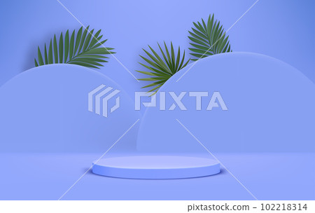 Bright illuminated blue interior with podium and green leaves. Eco friendly product showcase template. 3d vector background 102218314