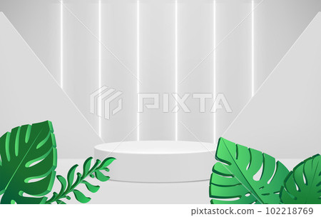 Bright neon illuminated room with podium and green leaves. Eco friendly product showcase template. 3d vector background 102218769