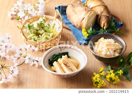 Spring cuisine, rice with bamboo shoots, simmered young bamboo, wild vegetable tempura 102219915