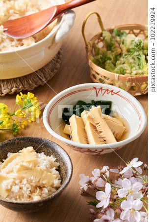 Spring cuisine, rice with bamboo shoots, simmered young bamboo, wild vegetable tempura 102219924