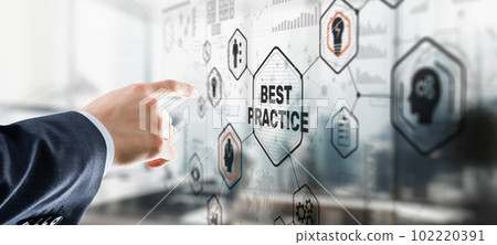 Best Practice concept with hand pressing icons. Businessman touching finger inscription Best Practice concept with hand pressing icons. Businessman touching finger inscription 102220391