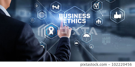 Business ethics Behavior and manners concept. Businessman pressing button on virtual screen Business ethics Behavior and manners concept. Businessman pressing button on virtual screen 102220456