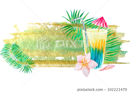 Watercolor illustration on a tropical theme. Drawing a multicolored drink in a glass and a Hawaiian flower.Hawaii Watercolor illustration on a tropical theme. Drawing a multicolored drink in a glass and a Hawaiian flower.Hawaii 102221470