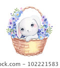 Rabbit sitting in a basket of flowers hand drawn watercolor illustration Cute animal 102221583