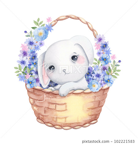 Rabbit sitting in a basket of flowers hand drawn watercolor illustration Cute animal 102221583