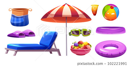 Cartoon beach accessories set on white 102221991