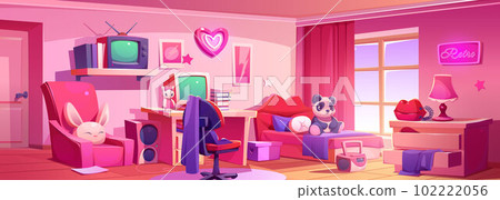 Pink girls bedroom interior with retro furniture Pink girls bedroom interior with retro furniture 102222056