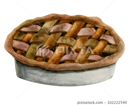 Watercolor rustic home baked sweet apple pie illustration isolated on white background. Hand drawn picnic bakery 102222540