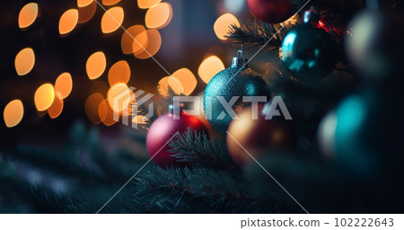 Hanging glimmering colorful gold ball Christmas ornament decoration at the Christmas tree. Background for seasonal greetings. Merry Christmas decoration concept bokeh lights Hanging glimmering colorful gold ball Christmas ornament decoration at the Christmas tree. Background for seasonal greetings. Merry Christmas decoration concept bokeh lights 102222643