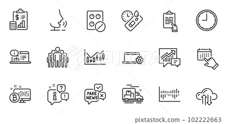 Outline set of Financial diagram, Covid test and Accounting line icons for web application. Talk, information, delivery truck outline icon. Include Cloud sync, Column diagram, Clipboard icons. Vector Outline set of Financial diagram, Covid test and Accounting line icons for web application. Talk, information, delivery truck outline icon. Include Cloud sync, Column diagram, Clipboard icons. Vector 102222663