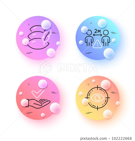 Social distance, Pillow and Eye target minimal line icons. 3d spheres or balls buttons. Dermatologically tested icons. For web, application, printing. Vector Social distance, Pillow and Eye target minimal line icons. 3d spheres or balls buttons. Dermatologically tested icons. For web, application, printing. Vector 102222668