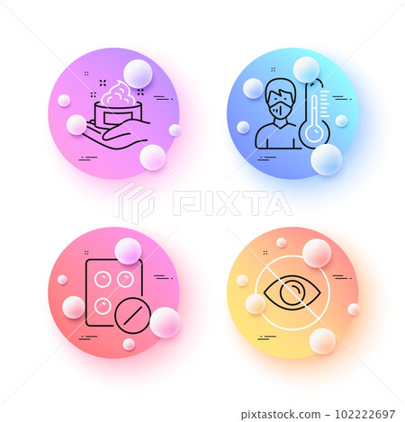 Thermometer, Not looking and Skin care minimal line icons. 3d spheres or balls buttons. Medical tablet icons. For web, application, printing. Doctor with mask, Eye care, Hand cream. Vector Thermometer, Not looking and Skin care minimal line icons. 3d spheres or balls buttons. Medical tablet icons. For web, application, printing. Doctor with mask, Eye care, Hand cream. Vector 102222697