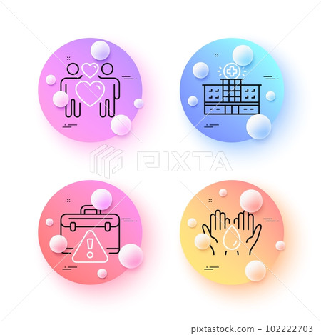 Hospital building, Warning briefcase and Safe water minimal line icons. 3d spheres or balls buttons. Love couple icons. For web, application, printing. Medical help, Business bag, Hold drop. Vector 102222703