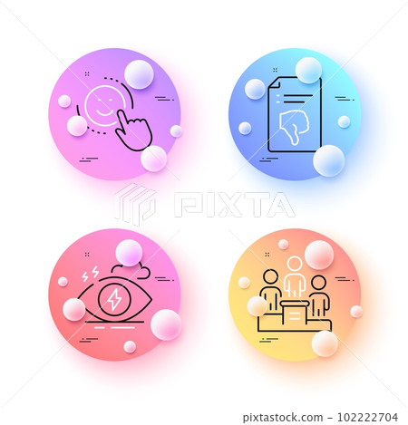Stress, Business podium and Thumb down minimal line icons. 3d spheres or balls buttons. Smile icons. For web, application, printing. Mind anxiety, Team nomination, Decline file. Vector Stress, Business podium and Thumb down minimal line icons. 3d spheres or balls buttons. Smile icons. For web, application, printing. Mind anxiety, Team nomination, Decline file. Vector 102222704