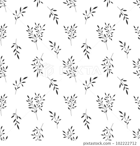 Leaf olive branch twig seamless pattern stamp black silhouette. Tropical garden plant wrap interior design pastel print floral textile home decor natural cosmetic wallpaper cover web white background 102222712