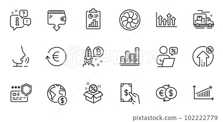 Outline set of Upper arrows, Fan engine and Wallet line icons for web application. Talk, information, delivery truck outline icon. Include Report, Money exchange, Receive money icons. Vector Outline set of Upper arrows, Fan engine and Wallet line icons for web application. Talk, information, delivery truck outline icon. Include Report, Money exchange, Receive money icons. Vector 102222779