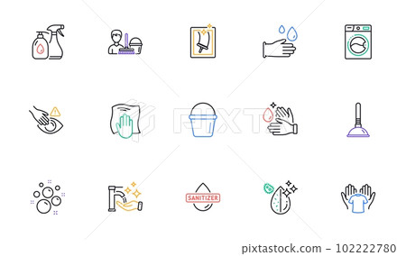 Dont touch, Hand sanitizer and Dirty water line icons for website, printing. Collection of Wash hands, Washing hands, Washing machine icons. Hold t-shirt, Rubber gloves. Vector Dont touch, Hand sanitizer and Dirty water line icons for website, printing. Collection of Wash hands, Washing hands, Washing machine icons. Hold t-shirt, Rubber gloves. Vector 102222780