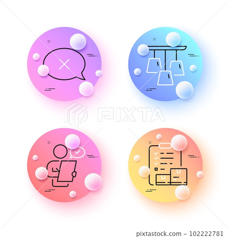 Inventory checklist, Customer survey and Ceiling lamp minimal line icons. 3d spheres or balls buttons. Reject icons. For web, application, printing. Vector 102222781