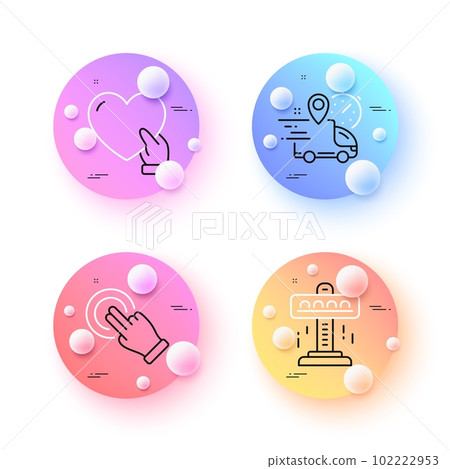 Volunteer, Touchscreen gesture and Express delivery minimal line icons. 3d spheres or balls buttons. Attraction icons. For web, application, printing. Social care, Click hand, Courier location. Vector Volunteer, Touchscreen gesture and Express delivery minimal line icons. 3d spheres or balls buttons. Attraction icons. For web, application, printing. Social care, Click hand, Courier location. Vector 102222953