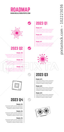 Vertical quarterly roadmap with milestones and technical clipart on a white background. Timeline infographic template for business presentation. 102223036