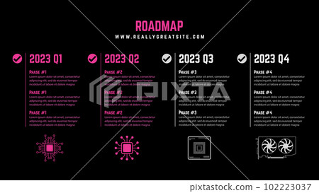 Horizontal quarterly roadmap with milestones and technical clipart on a black background. Timeline infographic template for business presentation. 102223037