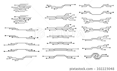 Set of printed circuit board PCB tracks silhouettes isolated on white background. Technical clipart. Dividers for design. Vector element. 102223048