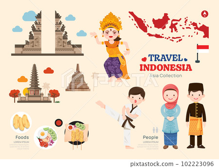 Travel Indonesia flat icons set. Indonesian element icon map and landmarks symbols and objects collection. Vector Illustration 102223096