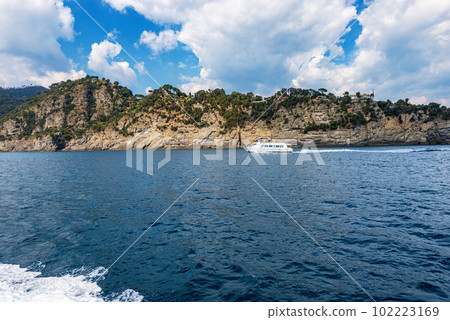 Tourist Ferry in Motion Between Portofino and San Fruttuoso - Liguria Italy Tourist Ferry in Motion Between Portofino and San Fruttuoso - Liguria Italy 102223169