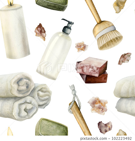 Watercolor shower accessories, soap, dry massage brush, towels, bath salt, shower gel seamless pattern on white 102223492