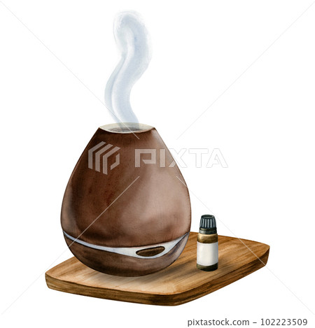 Watercolor electric wooden aroma oil diffuser illustration with fragrance oil bottle on a stand isolated on white 102223509
