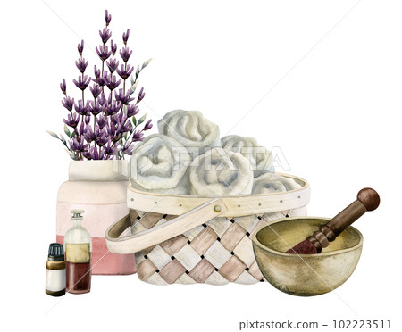 Watercolor aromatherapy wicker basket with spa towels, lavender bouquet, sound bowl, aroma oils illustration on white 102223511