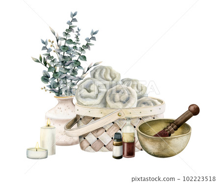 Watercolor zero waste wicker basket with cotton bath towels, eucalyptus bouquet, sound bowl, aroma oils illustration Watercolor zero waste wicker basket with cotton bath towels, eucalyptus bouquet, sound bowl, aroma oils illustration 102223518