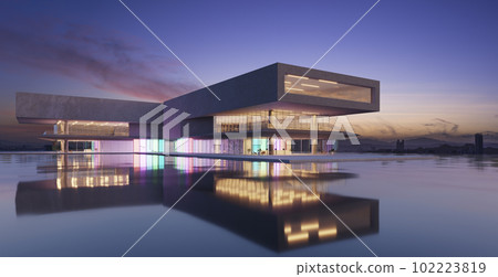 3d modern buildings have colored gradient glass walls with a lake in front 102223819
