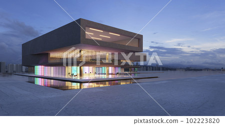 3D modern buildings have colored gradient glass walls with a pond landscaping in front 102223820