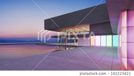 3D modern buildings have colored gradient glass walls with a pond landscaping in front 102223821