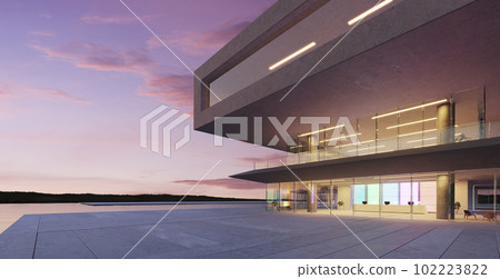 3D modern buildings have colored gradient glass walls with a pond landscaping in front 102223822