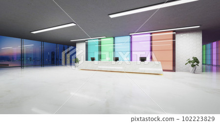 3d Modern colored gradient glass walls reception lobby. Realistic 3d rendering 102223829