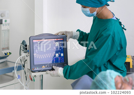 Multi-parameter patient monitor in operating room, controlled by nurse in surgical green gown uniform. Multi-parameter patient monitor in operating room, controlled by nurse in surgical green gown uniform. 102224093