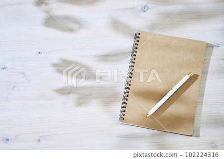 A new notebook and pen on a desk with sunlight filtering through the trees 102224316