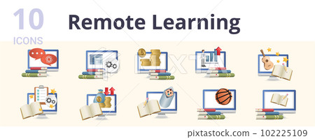 Remote learning set. Creative icons: psychology course, developer course, business, personal growth course, music course, project management, broker course, course for young parents, sports course 102225109